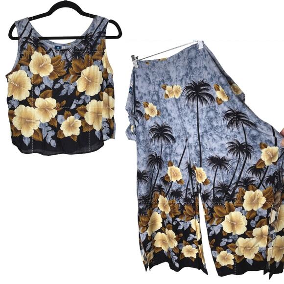 Hibiscus Collection Other - Habiscus Collection Hawaii M 2-Piece Set 100% Rayon Flowy Wrap Pants & Tank Blue